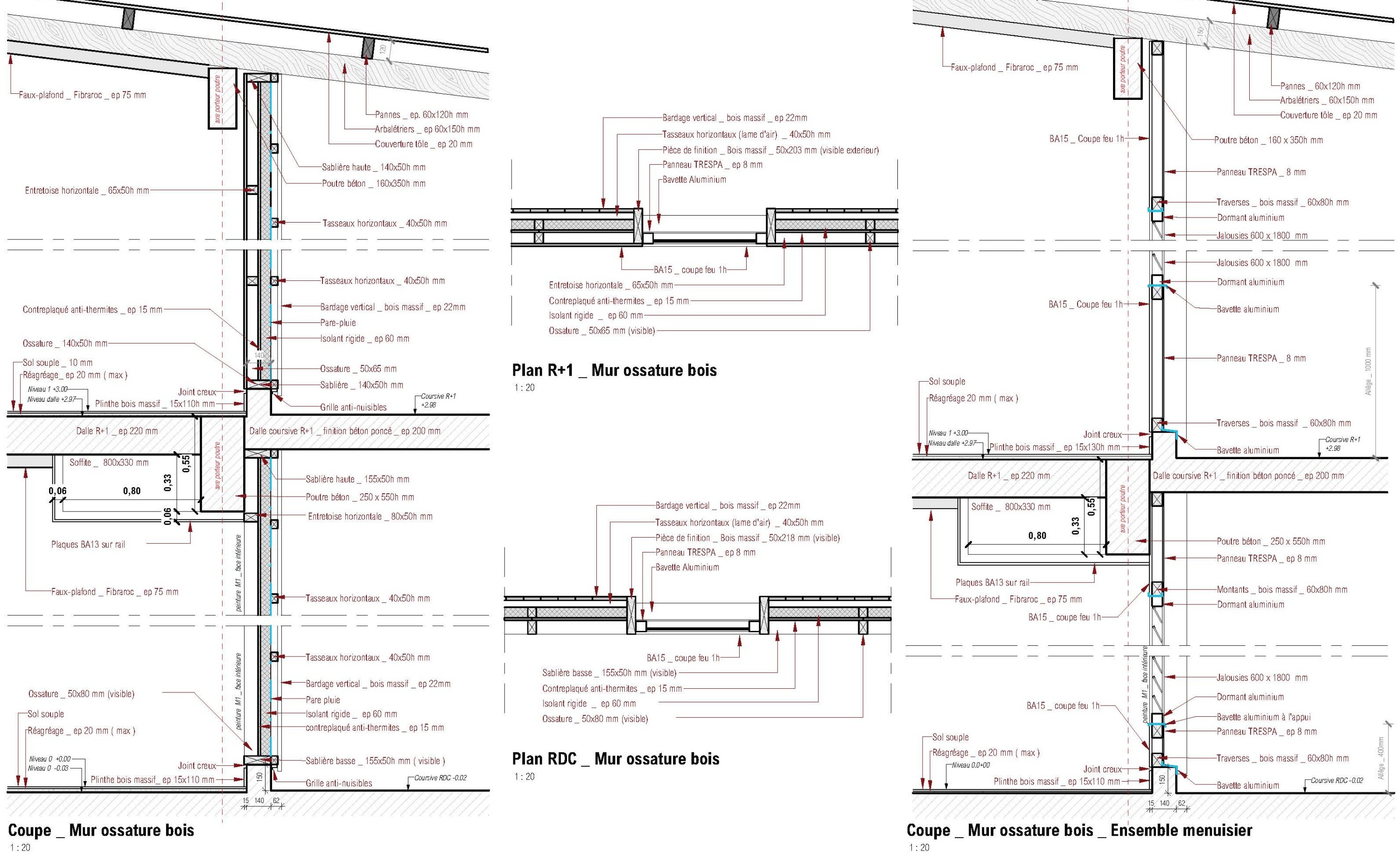 Mur à ossature bois sur talonnette béton — coupe et plans au 1:20, ERP