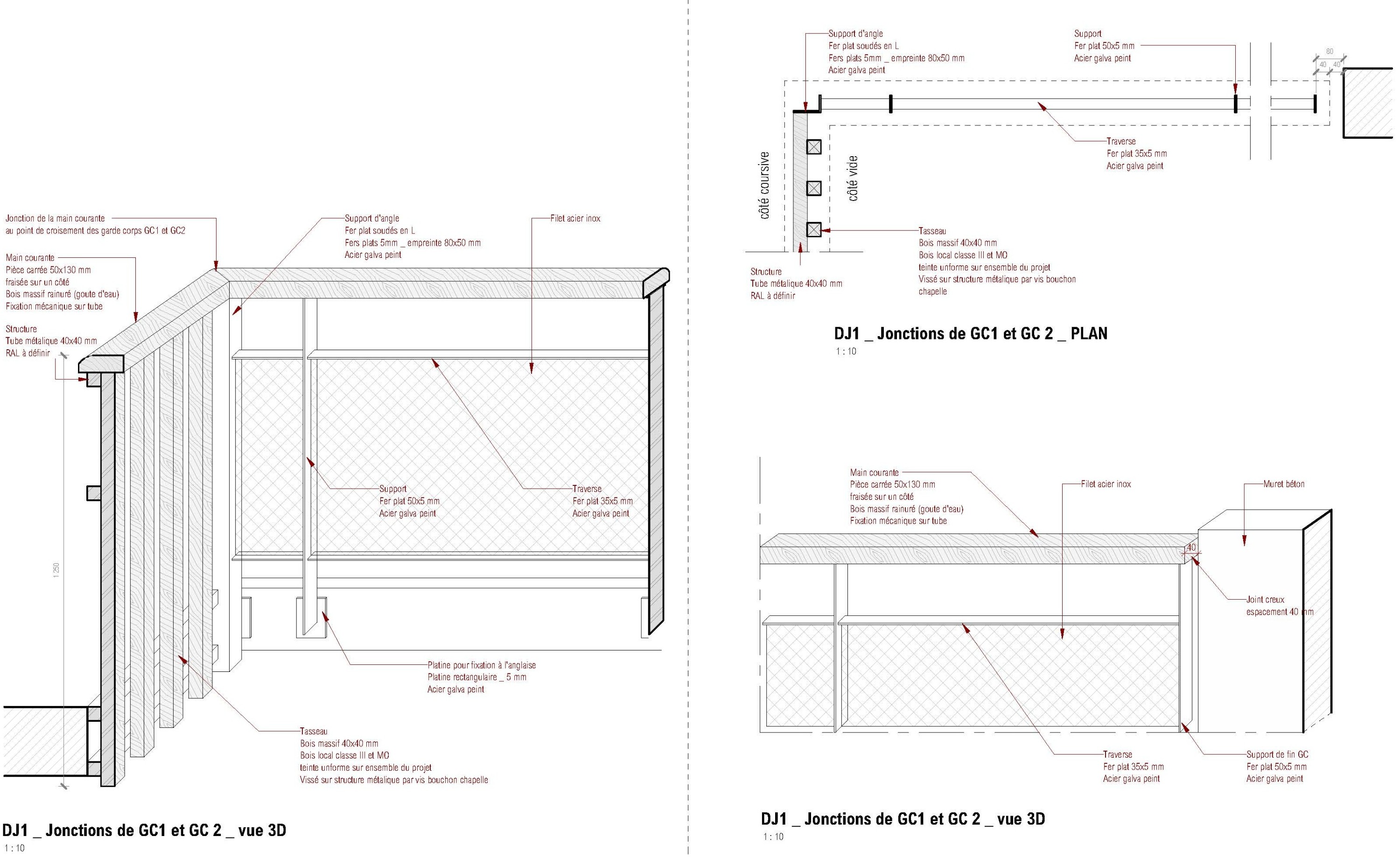 Jonction de garde-corps DJ1 — plan, vue 3D et nomenclature acier