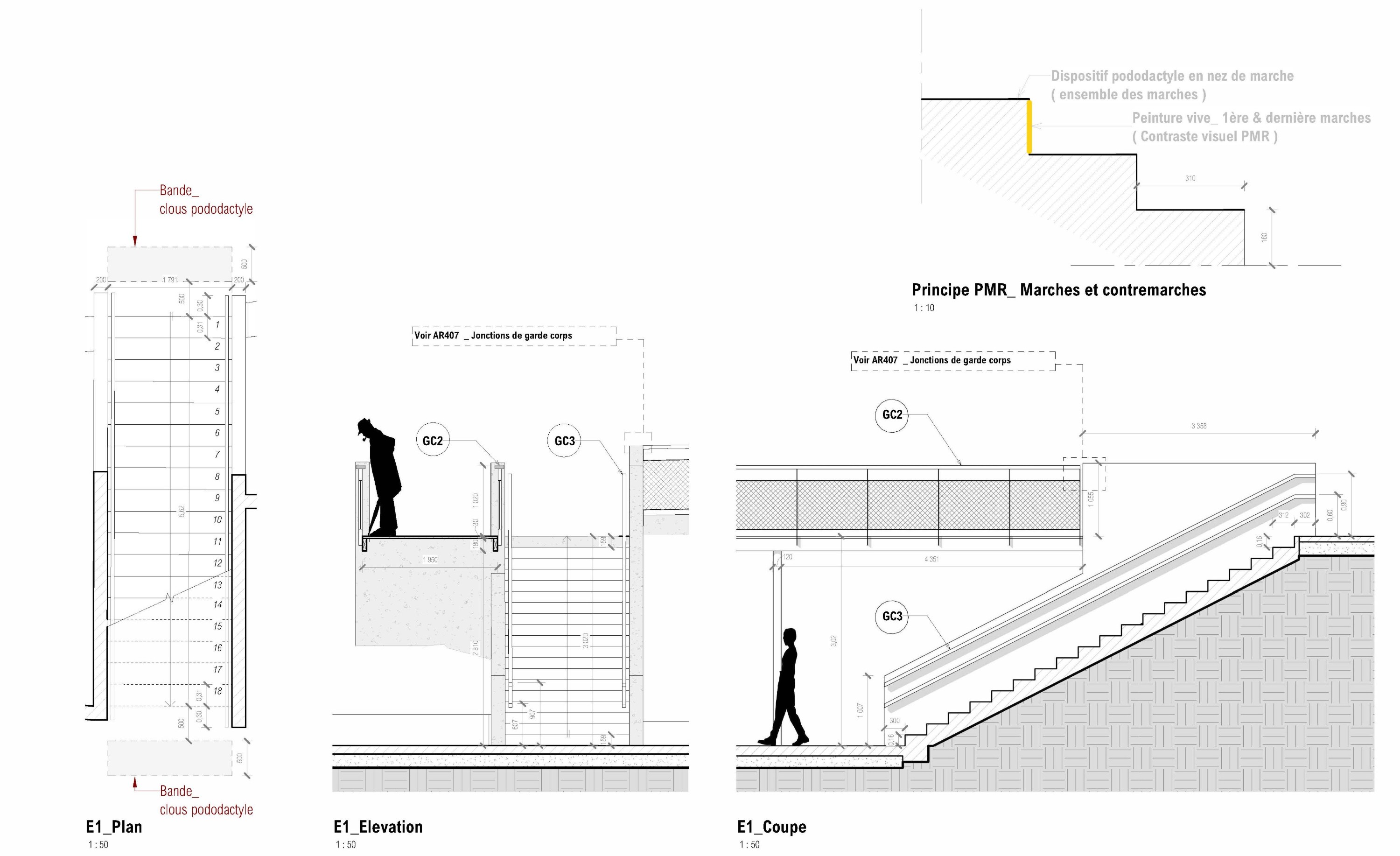 Escalier extérieur E1 — plan, élévation, coupe et principe PMR