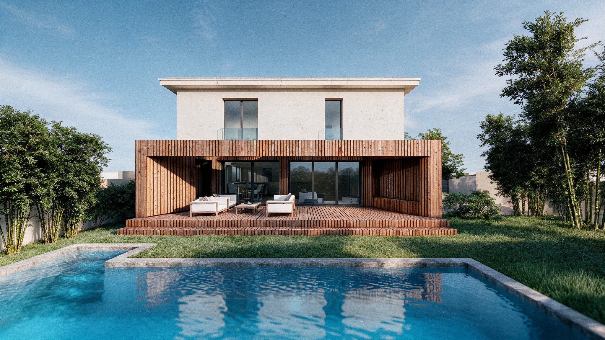 Villa contemporaine — façade jardin, bardage bois et terrasse