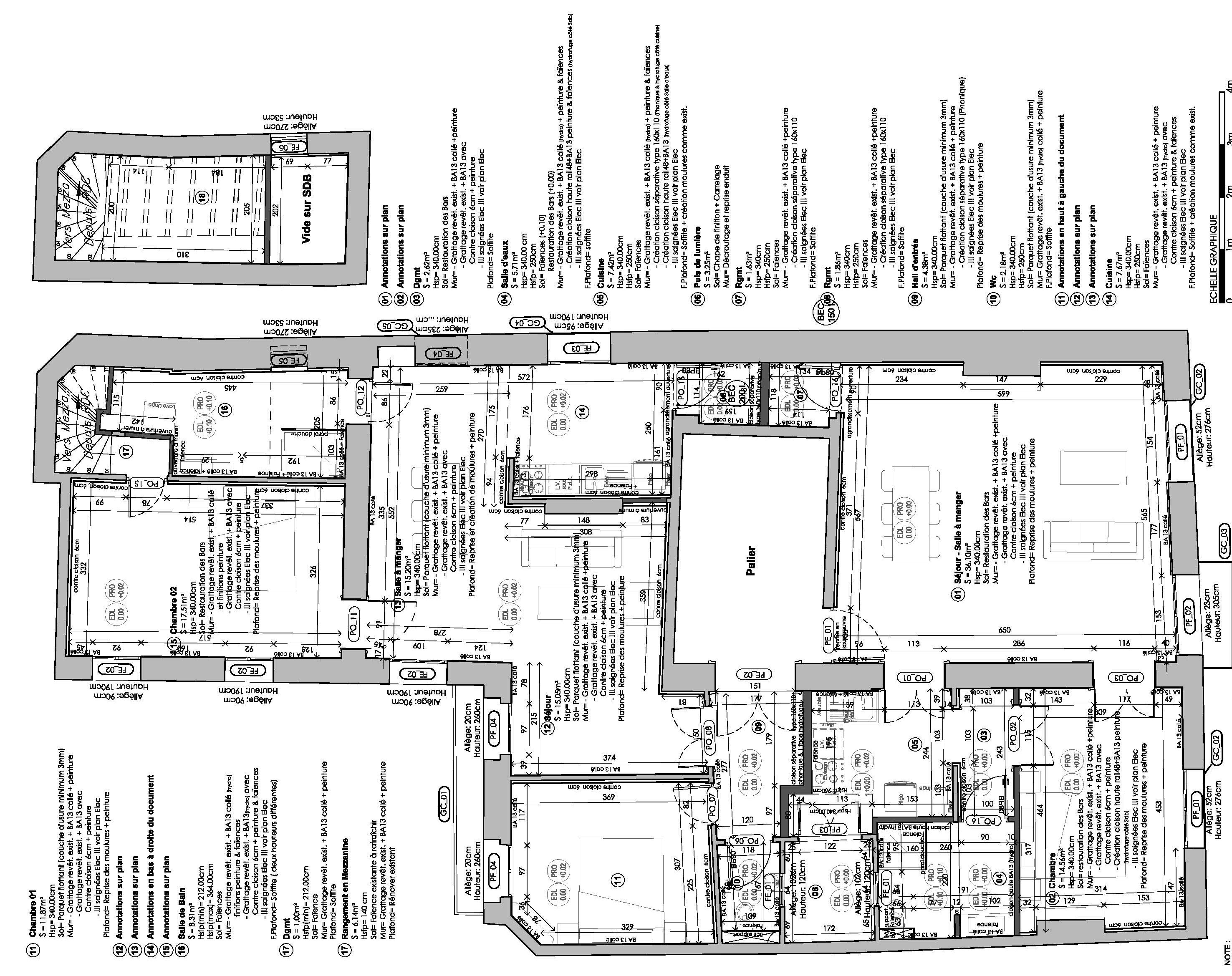 Plan d’exécution — appartement haussmannien, annotations pièce par pièce