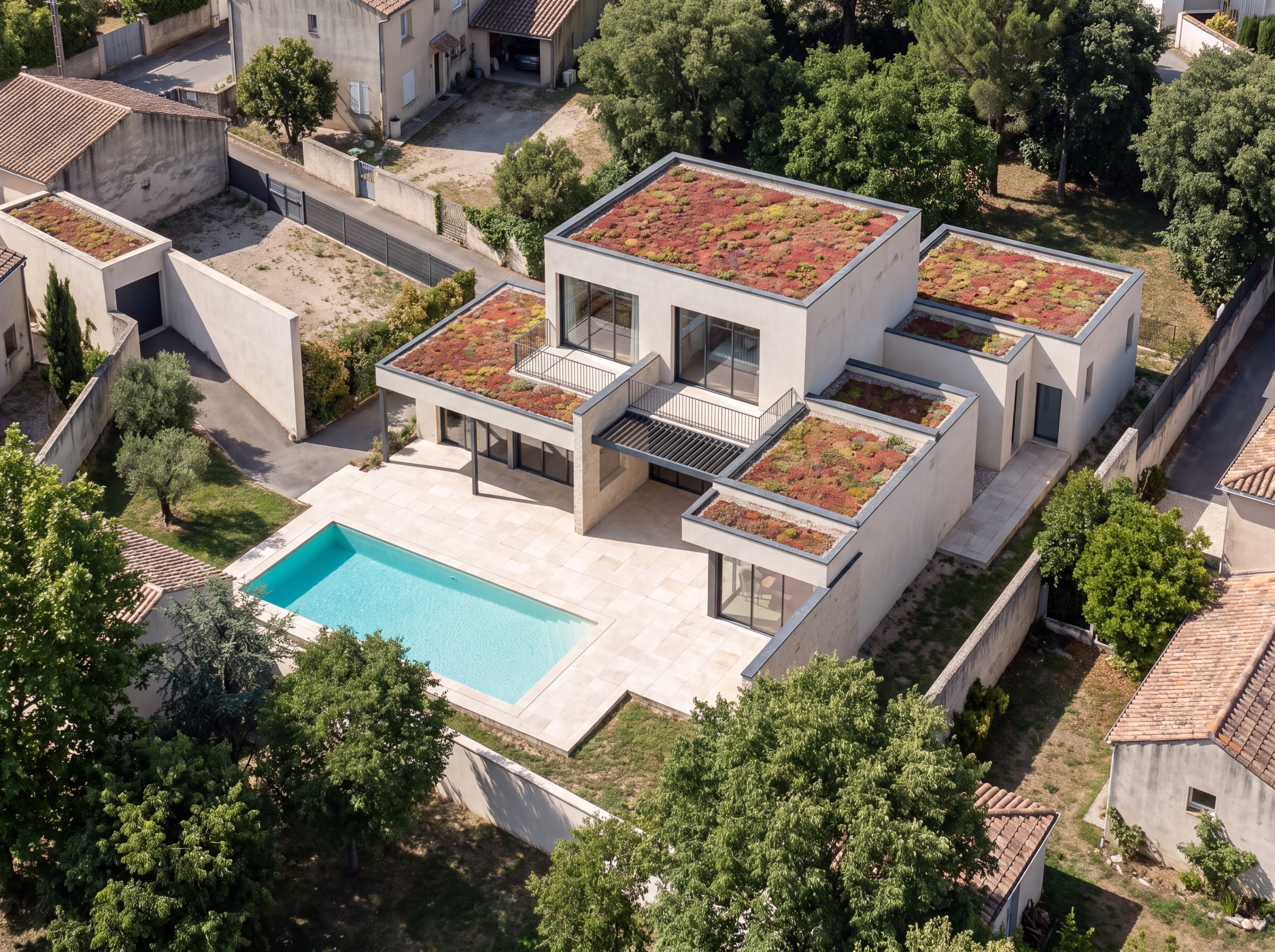 Villa LHD19 — vue aérienne, toitures végétalisées