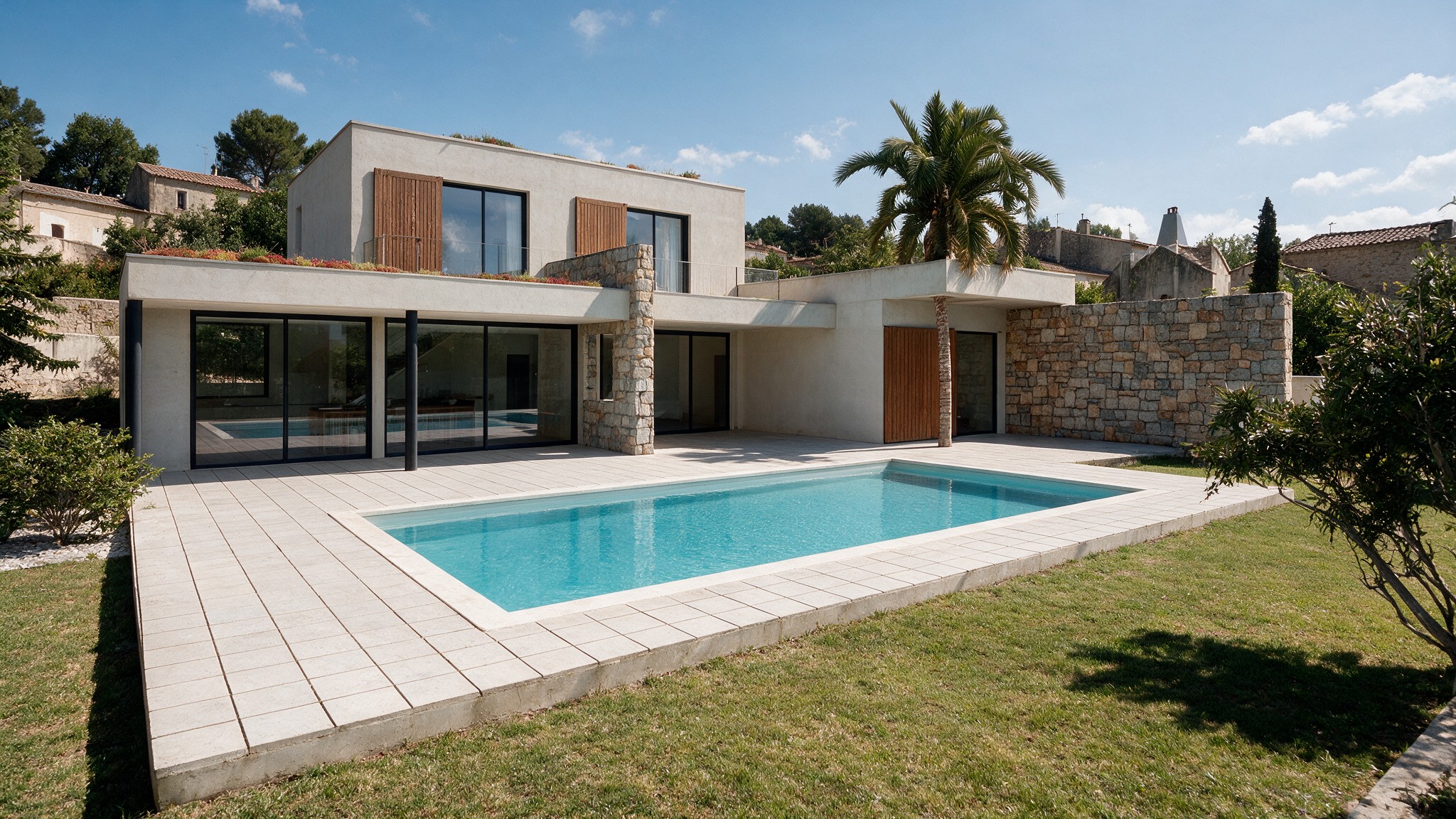Villa méditerranéenne — terrasse, piscine et mur en pierre sèche
