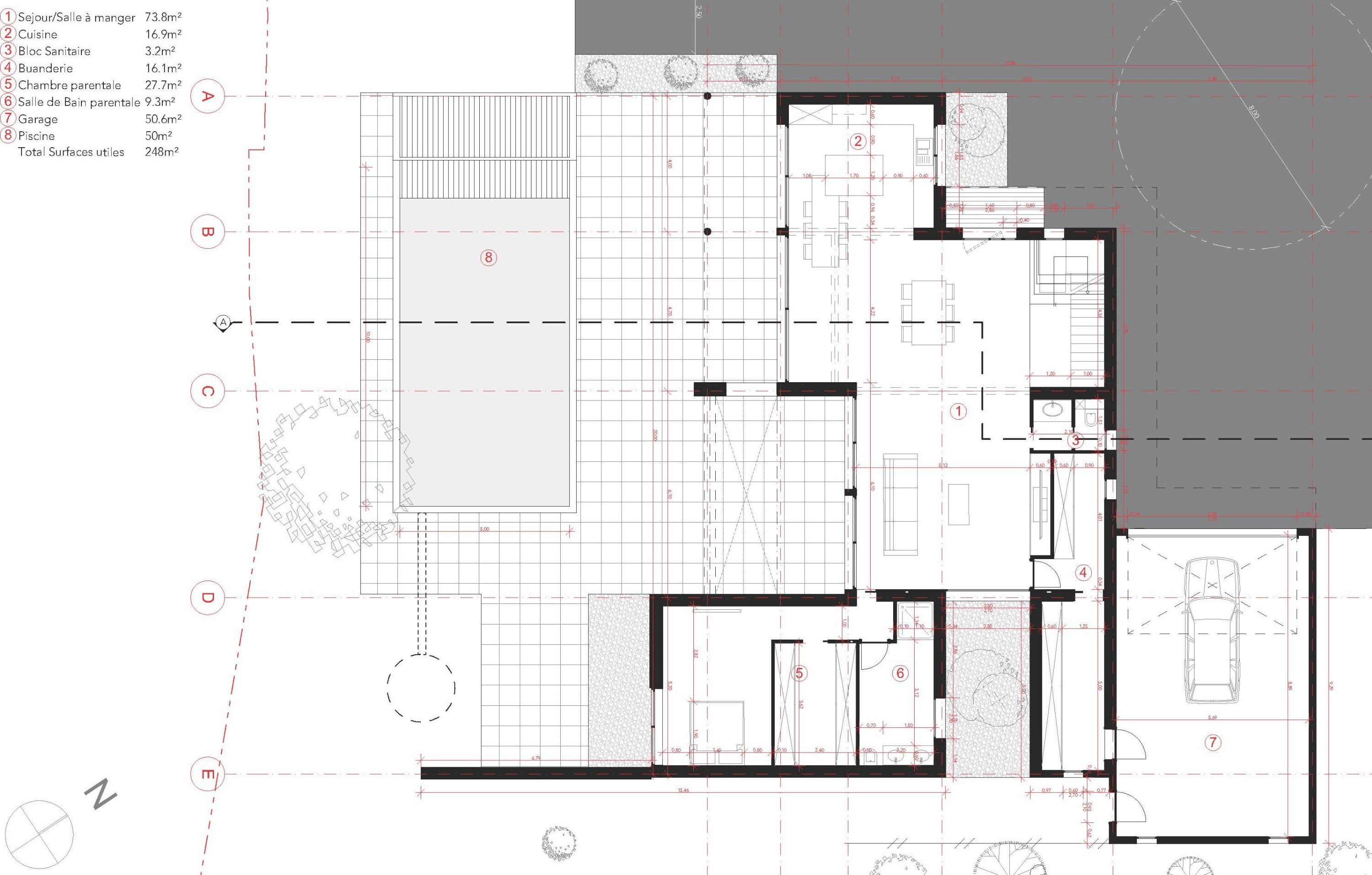 Plan RDC — nomenclature des surfaces et trame structurelle