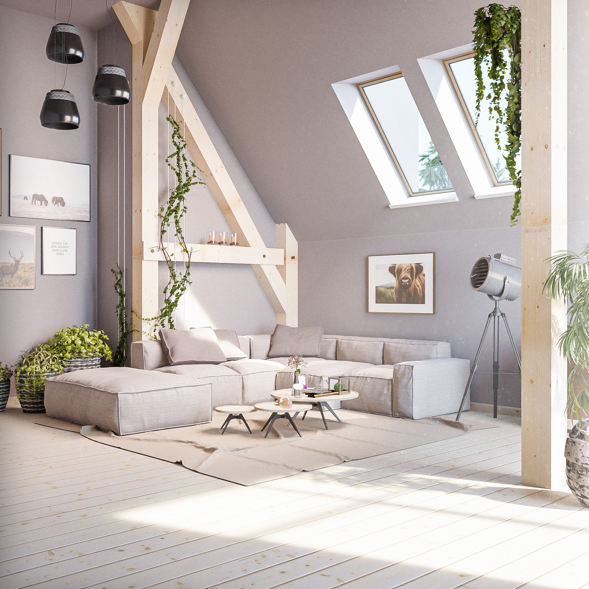 Appartement sous combles — image d’intérieur, post-production